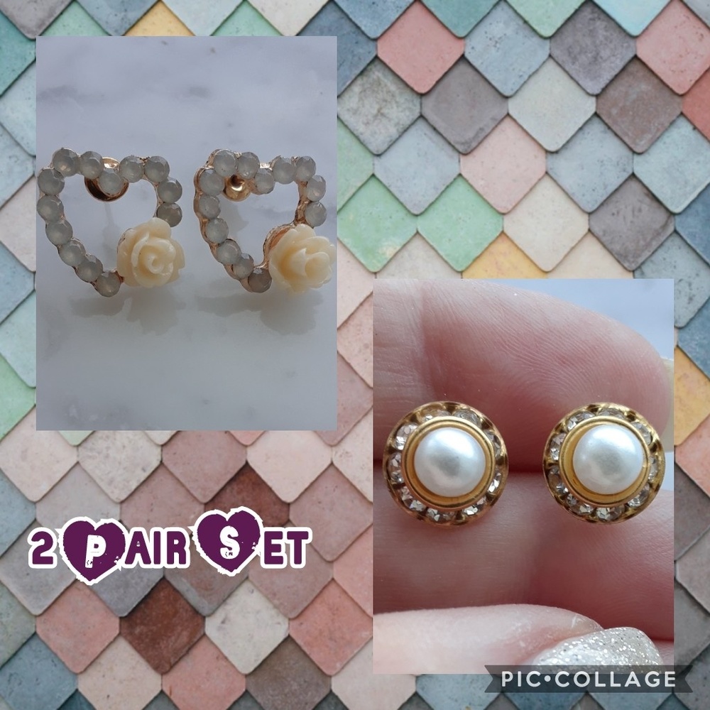 New! 2 Pair Set. Heart Rose & Faux Pearl / Crystal